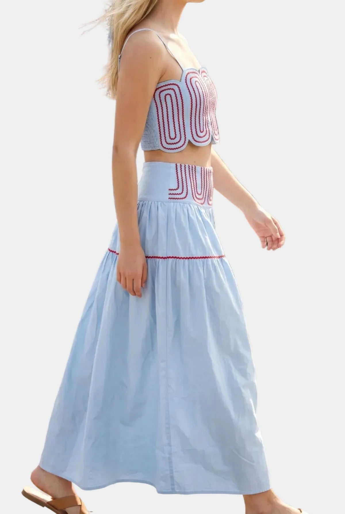 Posie Contrast Stitch Top & Skirt Set in Light Blue Red