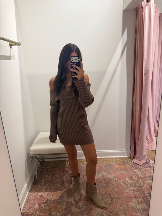 Tilly Off The Shoulder Sweater Dress in Brown