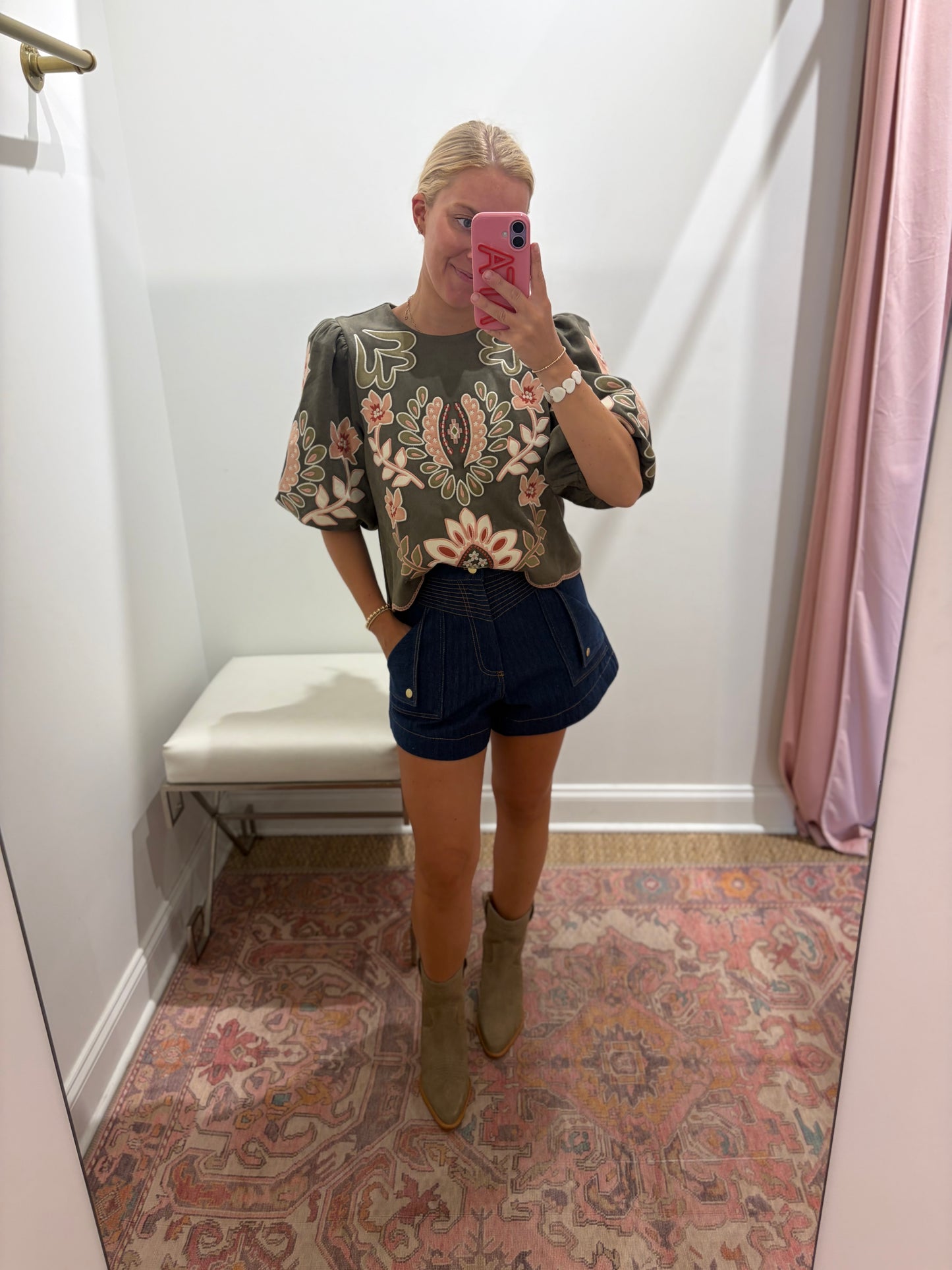 Vernon Suede Embroidered Blouse in Olive