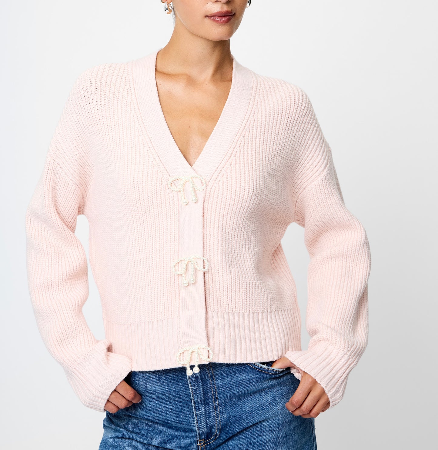 French Connection Babysoft Knit Sweater w/ Embellished Bows in Soft Blush