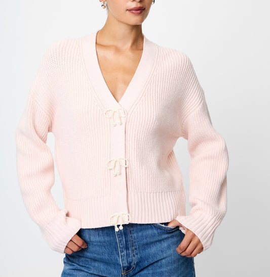 French Connection Babysoft Knit Sweater w/ Embellished Bows in Soft Blush