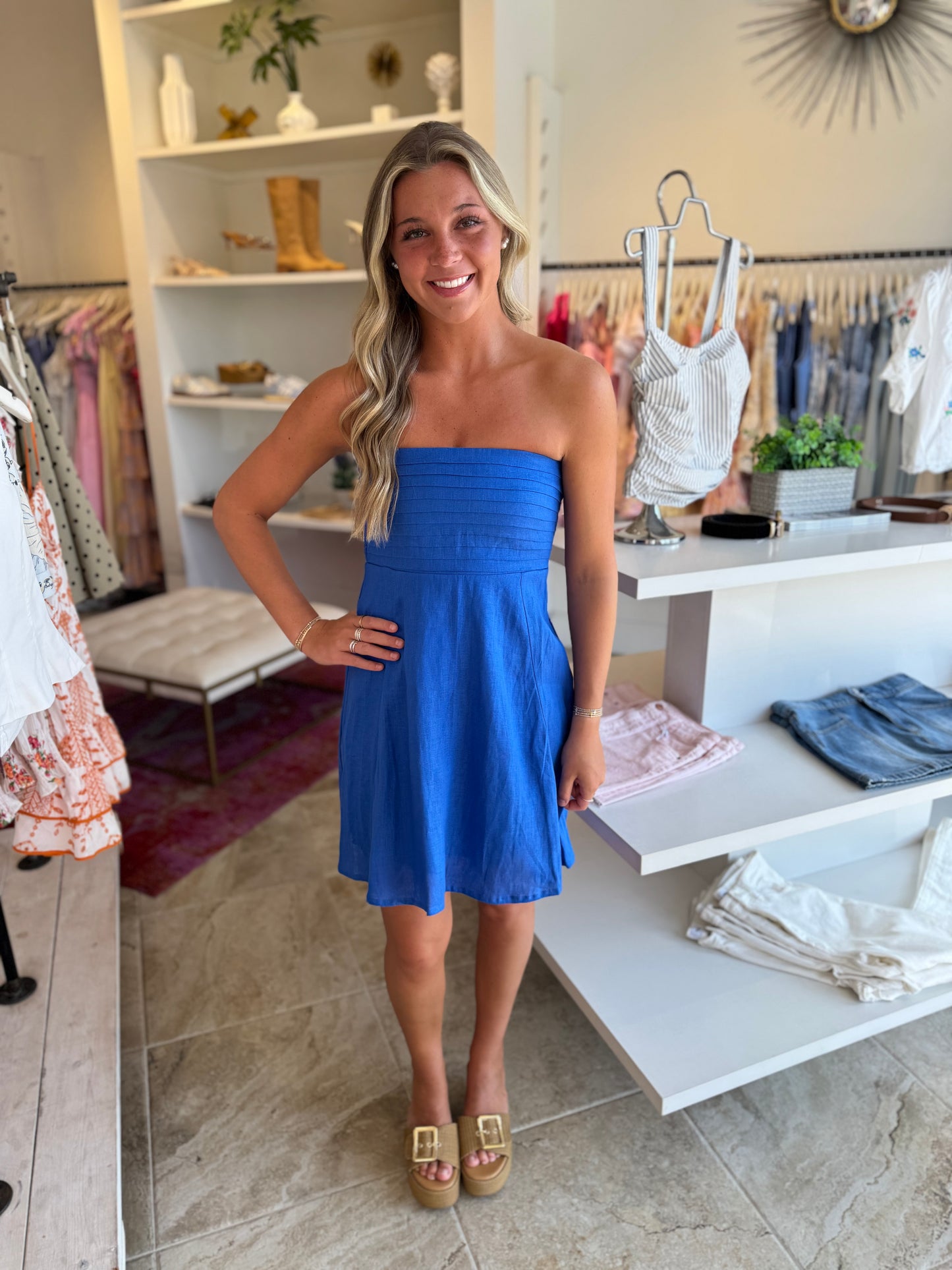 Lusana Talia Linen Mini Dress in Atlantic Blue