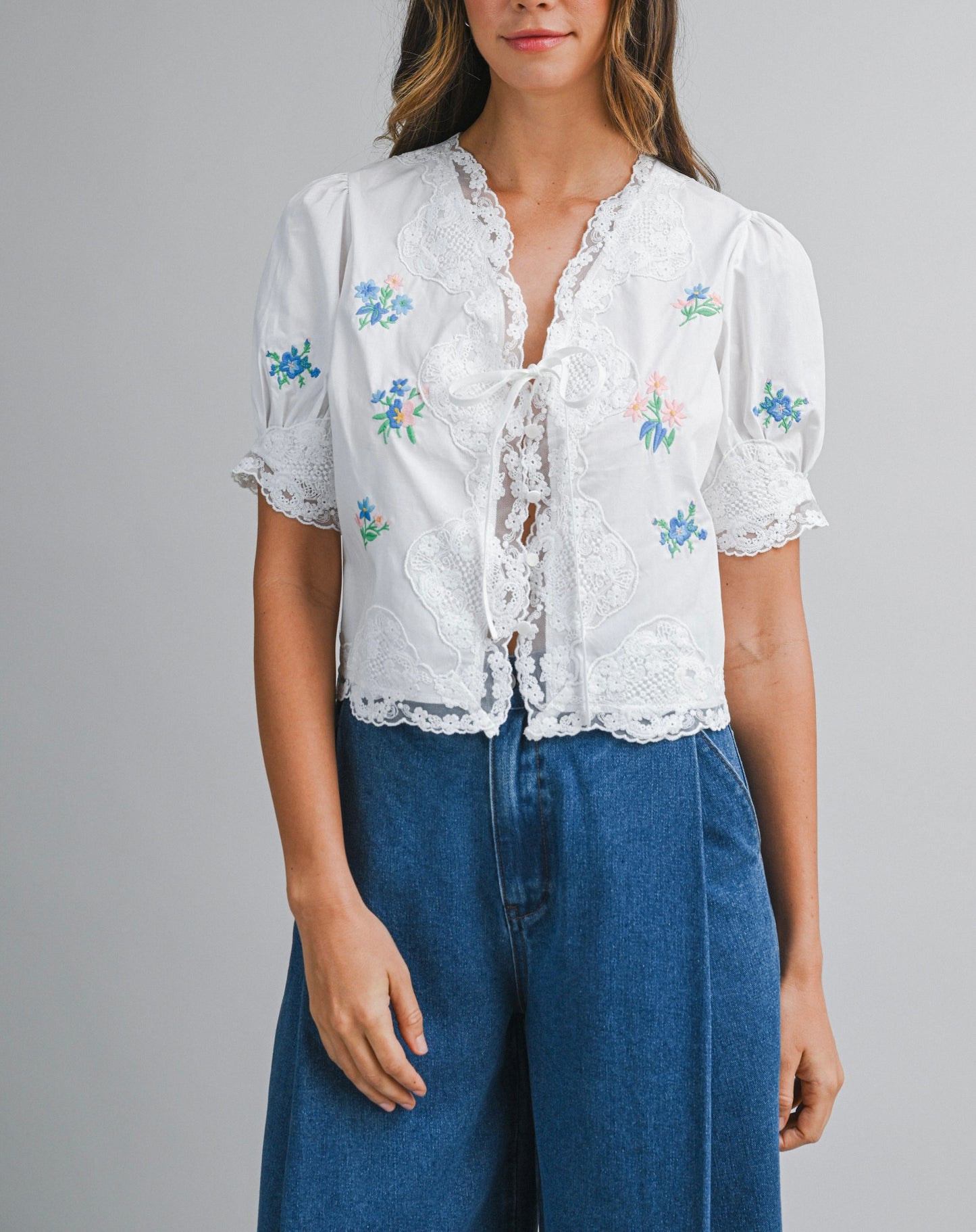 Fulton Embroidered Tie Front Top in White