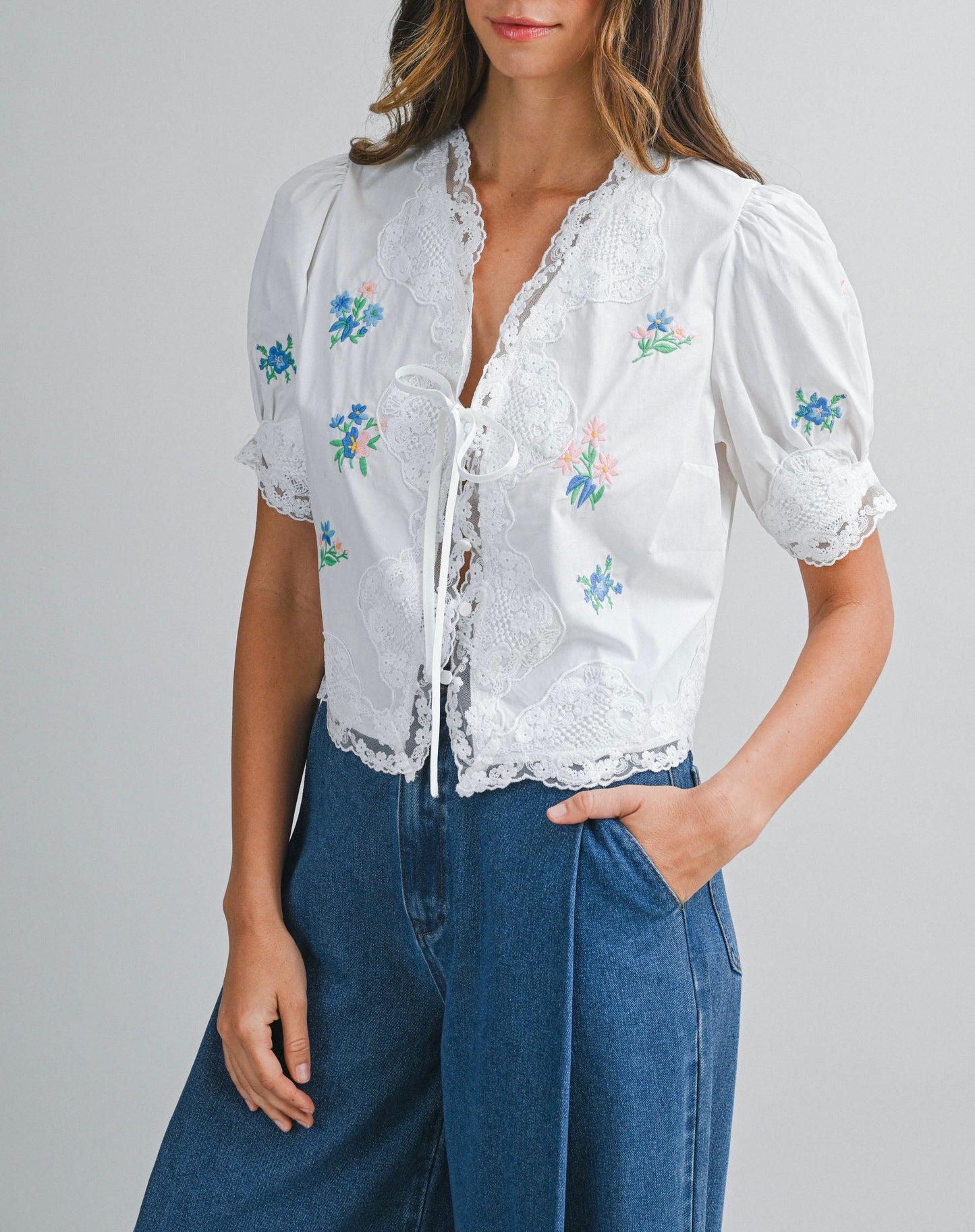 Fulton Embroidered Tie Front Top in White