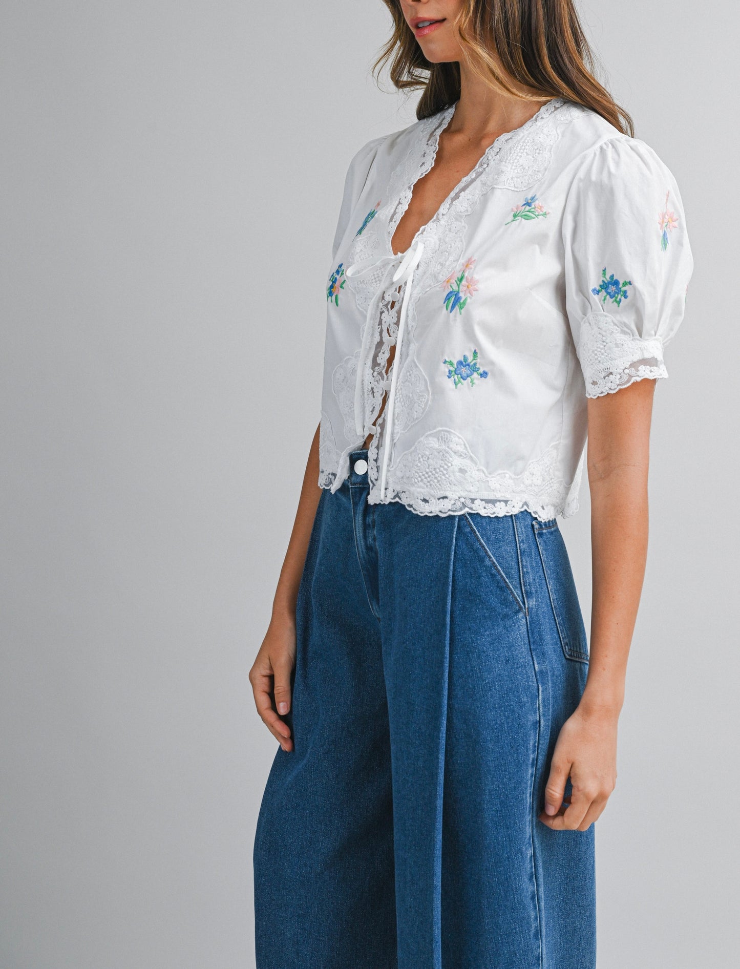 Fulton Embroidered Tie Front Top in White