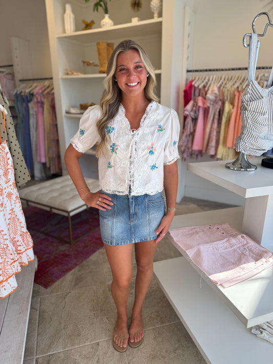 Fulton Embroidered Tie Front Top in White