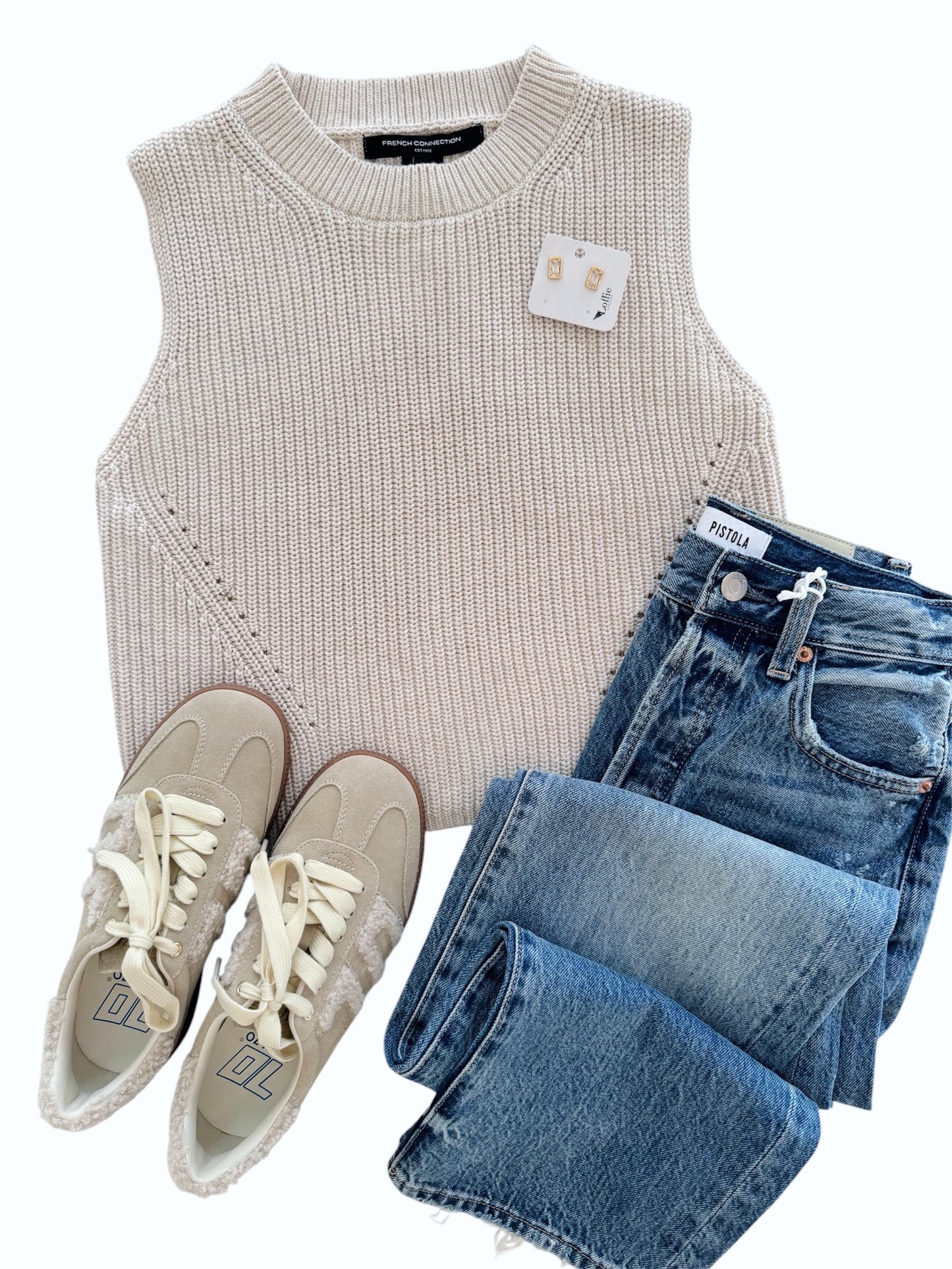 French Connection Mozart Crew Neck Sleeveless Sweater in Light Oatmeal