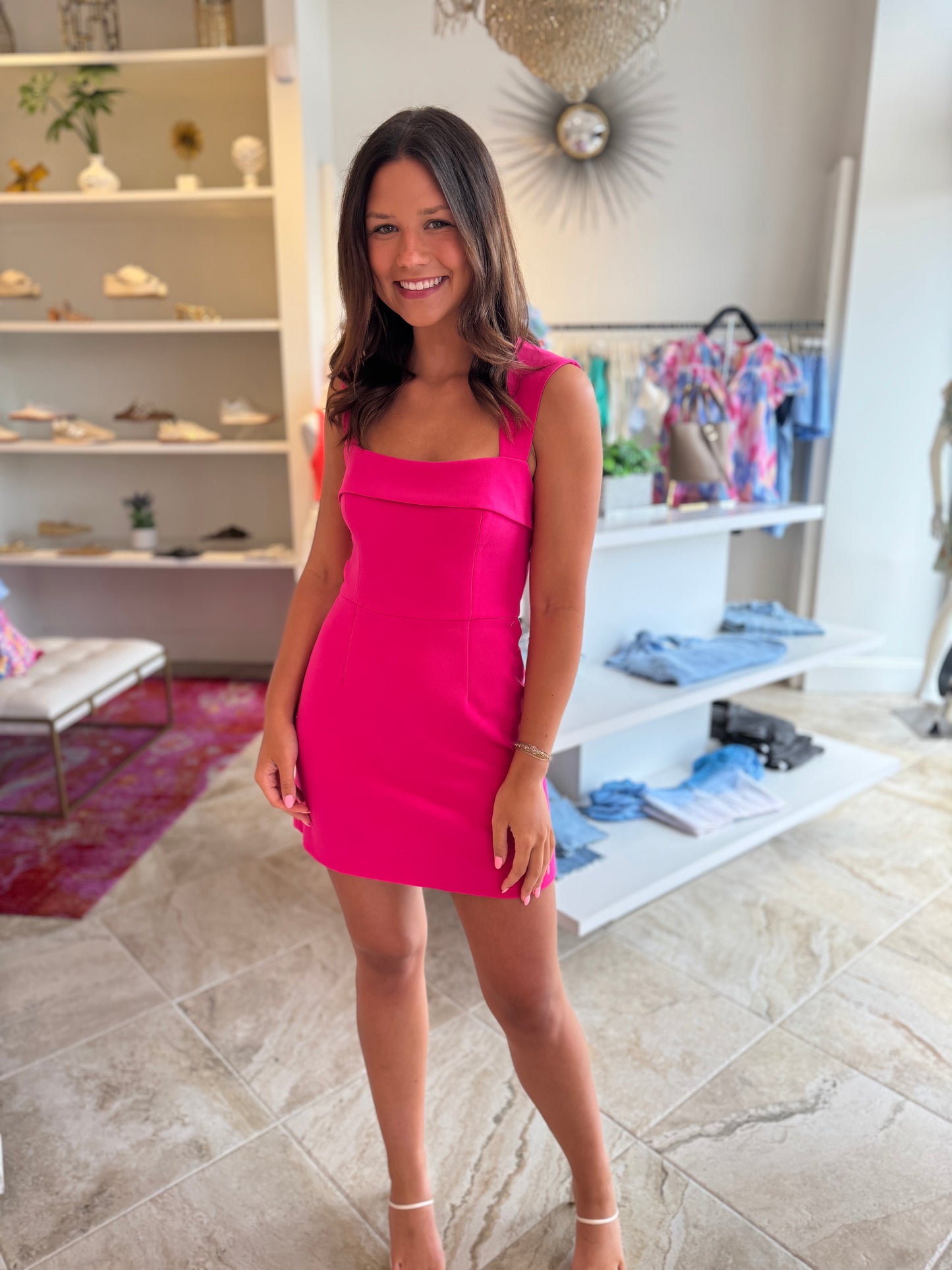 French Connection Whisper Foldover Square Neck Mini Dress in Cerise Pink
