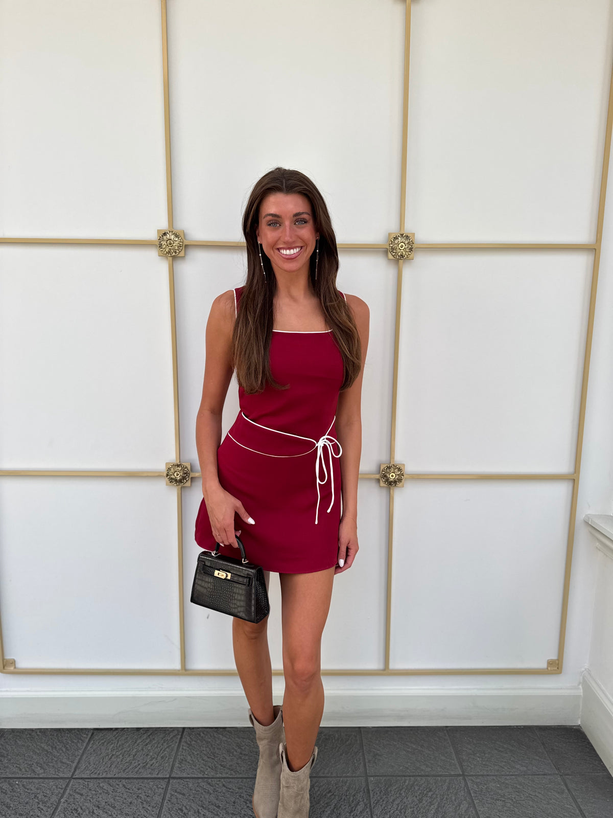 Avah Contrast Piping Belted Mini Dress in Crimson / White