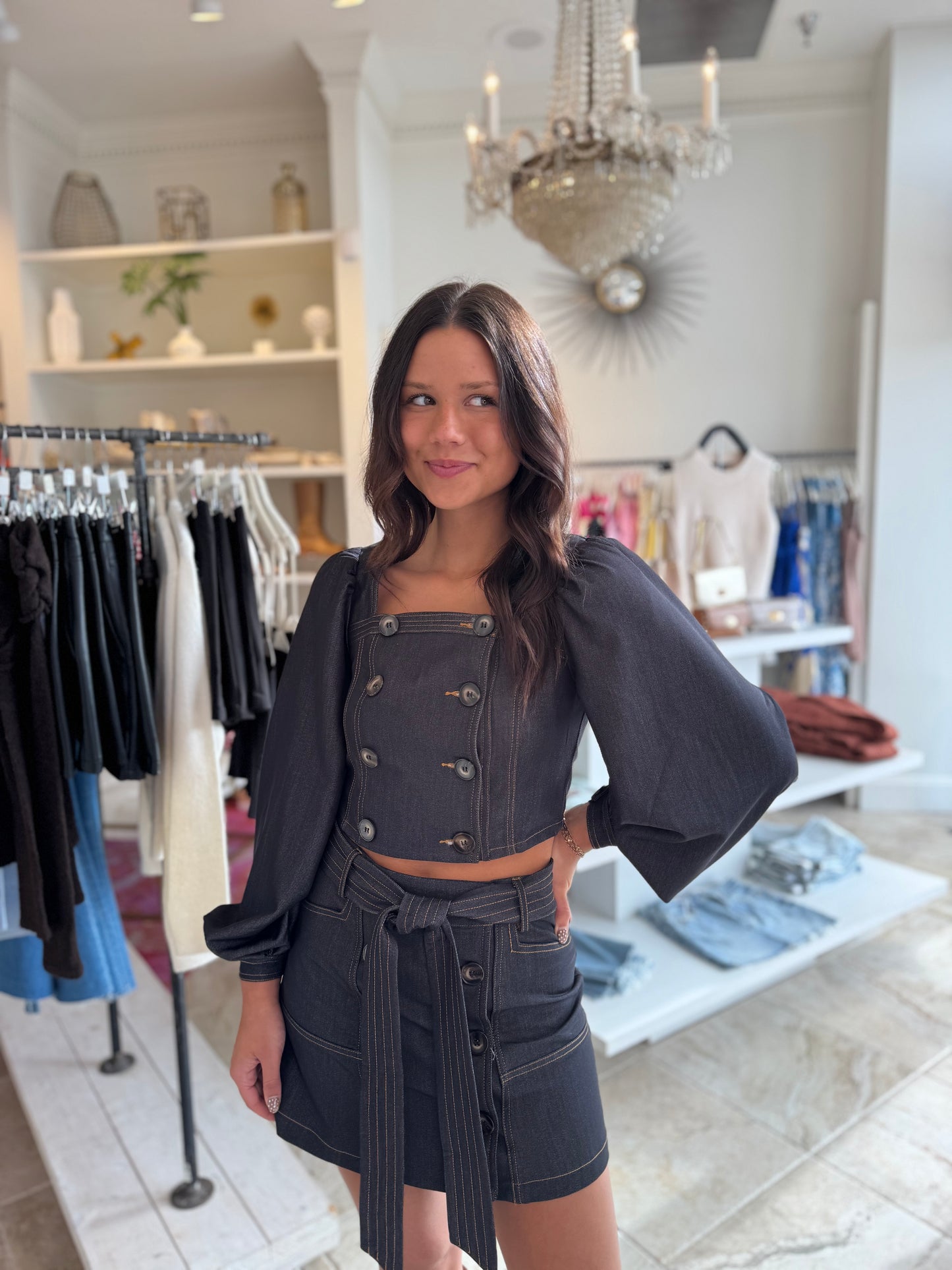 Ciebon Denim Button Down Top and Skirt Set