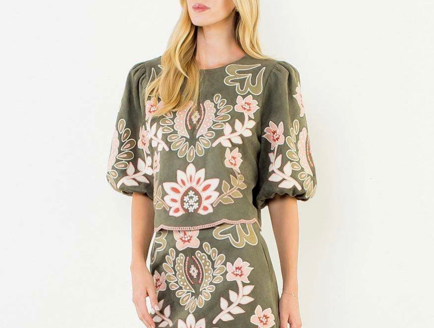Vernon Suede Embroidered Blouse in Olive