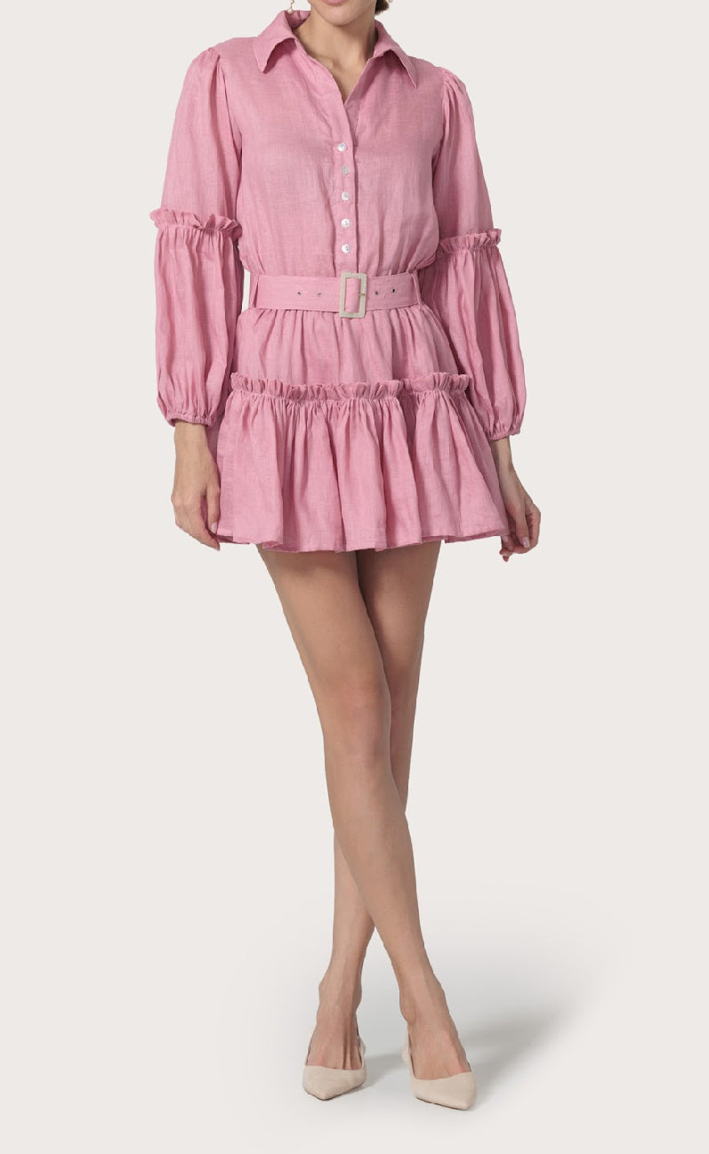 Lusana Lucia Belted Mini Linen Dress in Rose