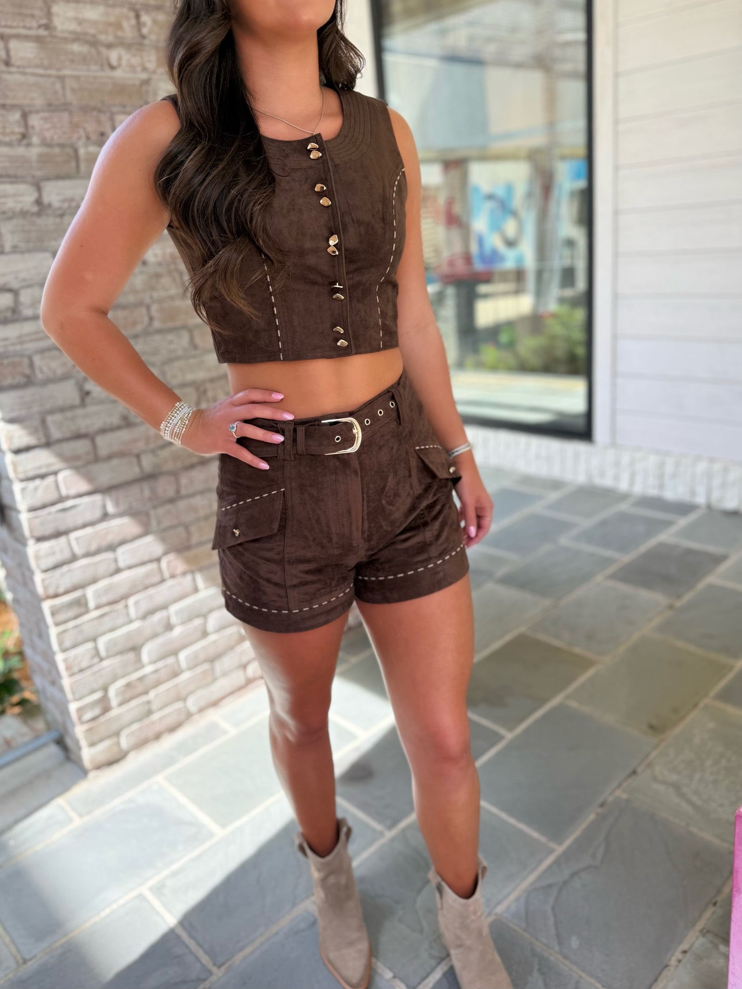 Ciebon Reagan Suede Top & Skirt Set in Brown