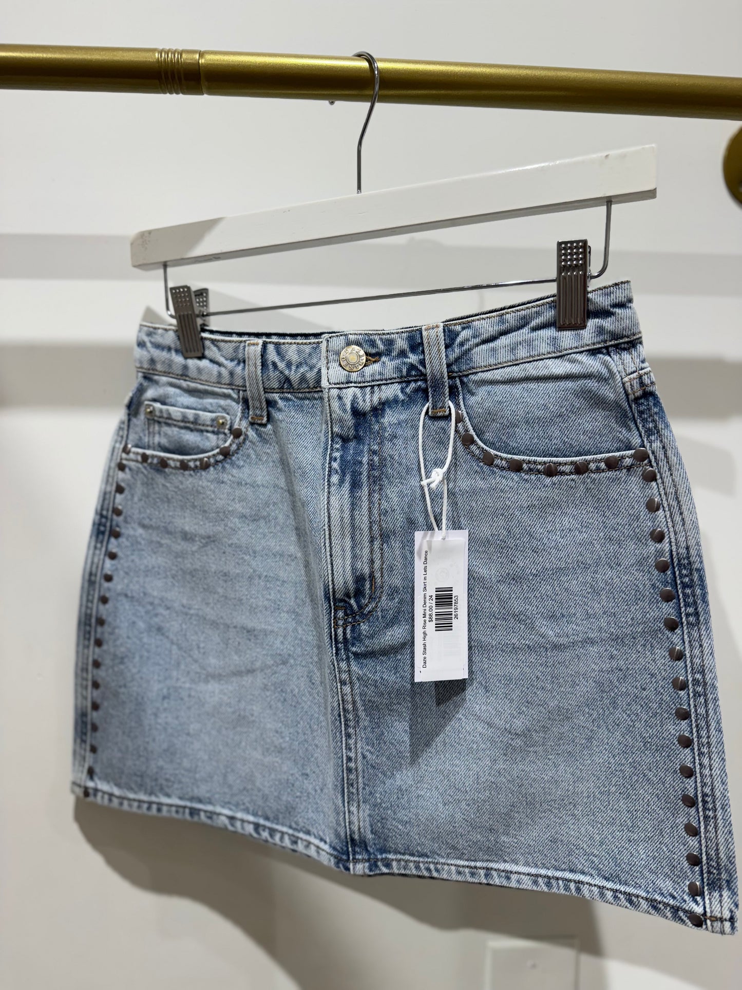 Daze Stash High Rise Mini Denim Skirt in Lets Dance