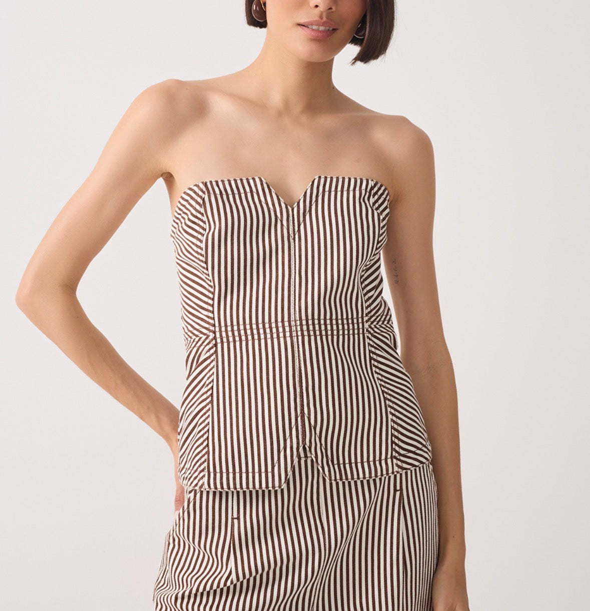 Dress To Asymmetric Twill Corset Top in Brown Stripes