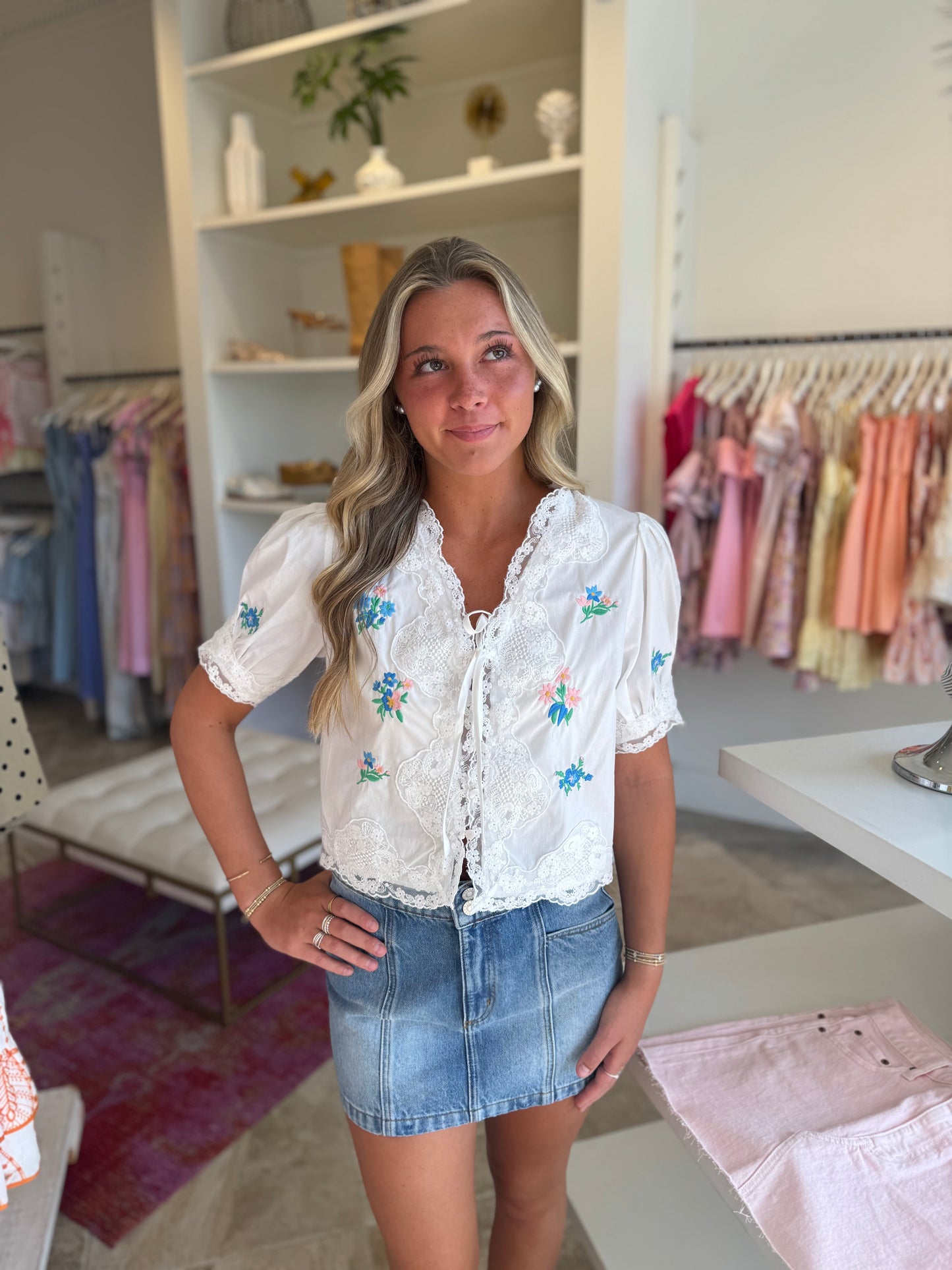 Fulton Embroidered Tie Front Top in White