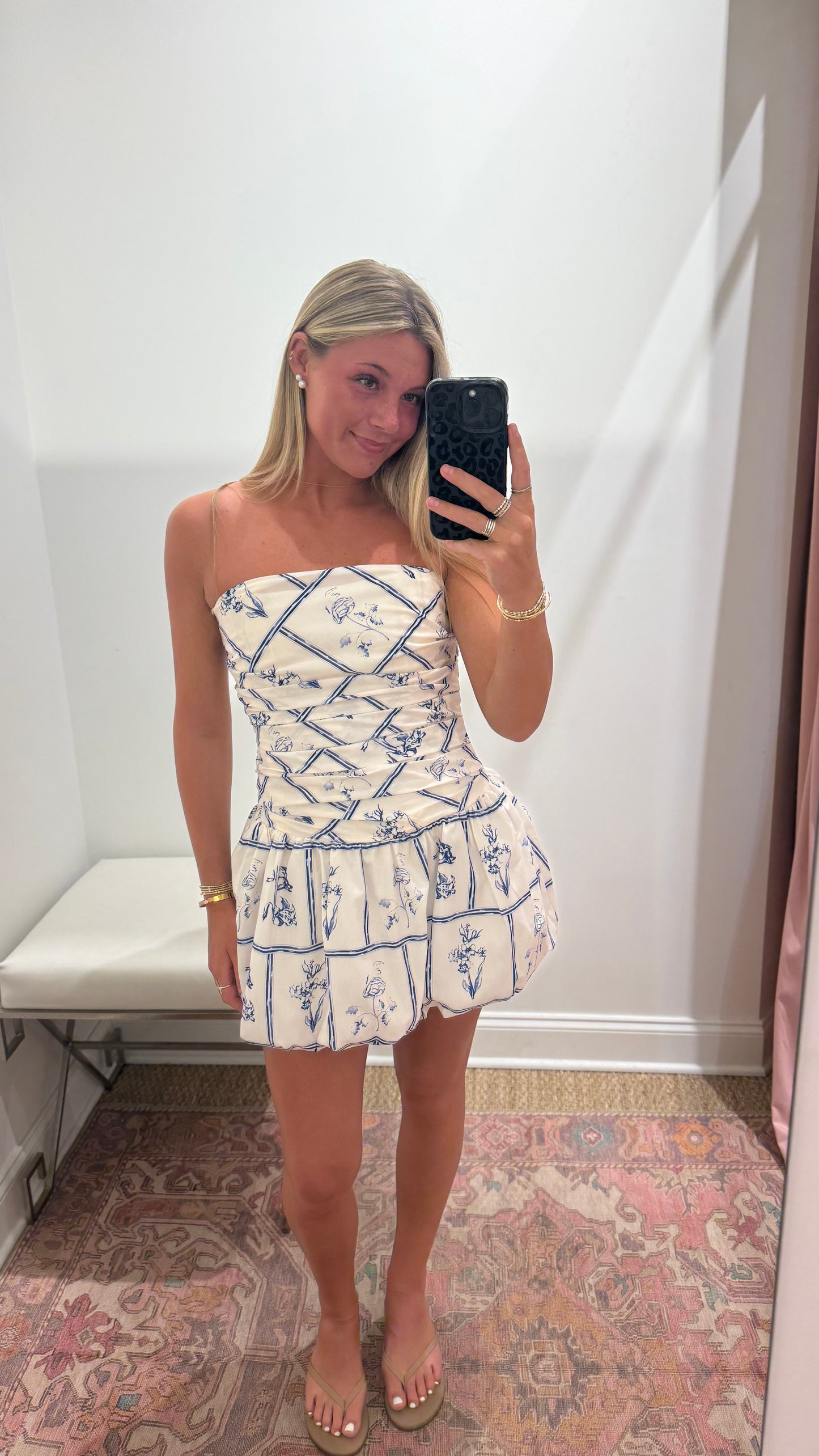 Baldock Poplin Bubble Dress in Off White Blue