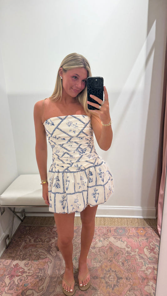 Baldock Poplin Bubble Dress in Off White Blue