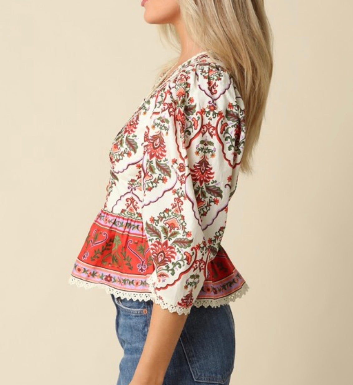 Eloise V Neck Blouse in Cream Multi