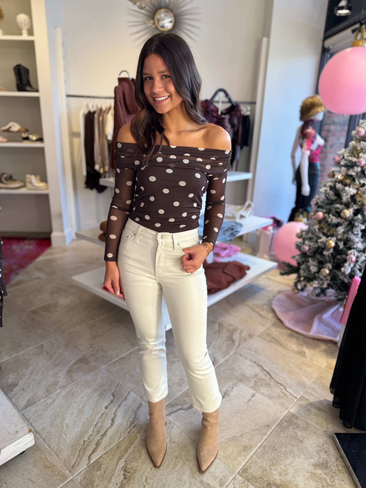 En Saison Lainey Mesh Bodysuit in Brown Ivory