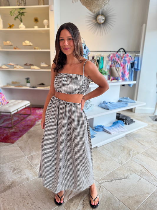 French Connection Gingham Ruched Waist Midi Skirt