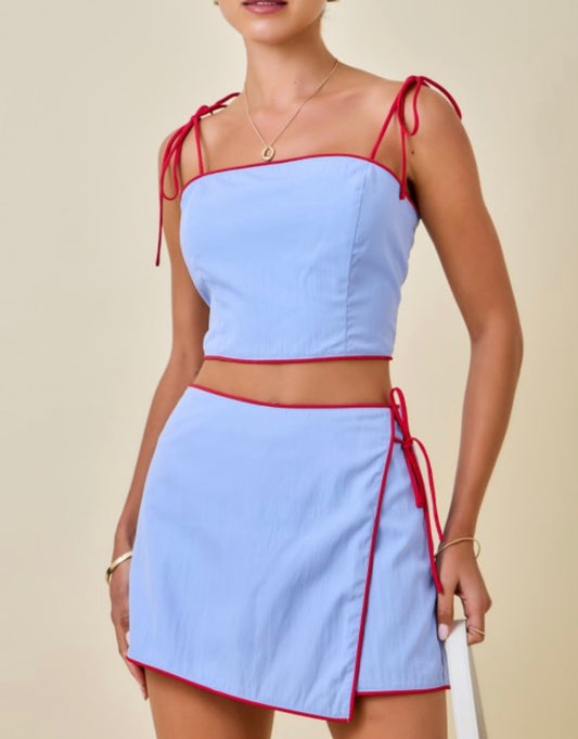 Vallie Cami & Skort Set in Light Blue With Red Piping