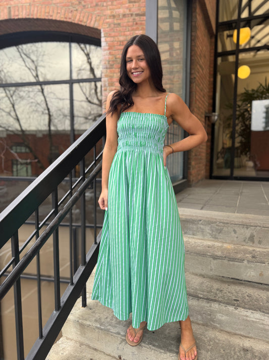 Pistola Bianca Shirred Bodice Dress in Green Blue Stripe