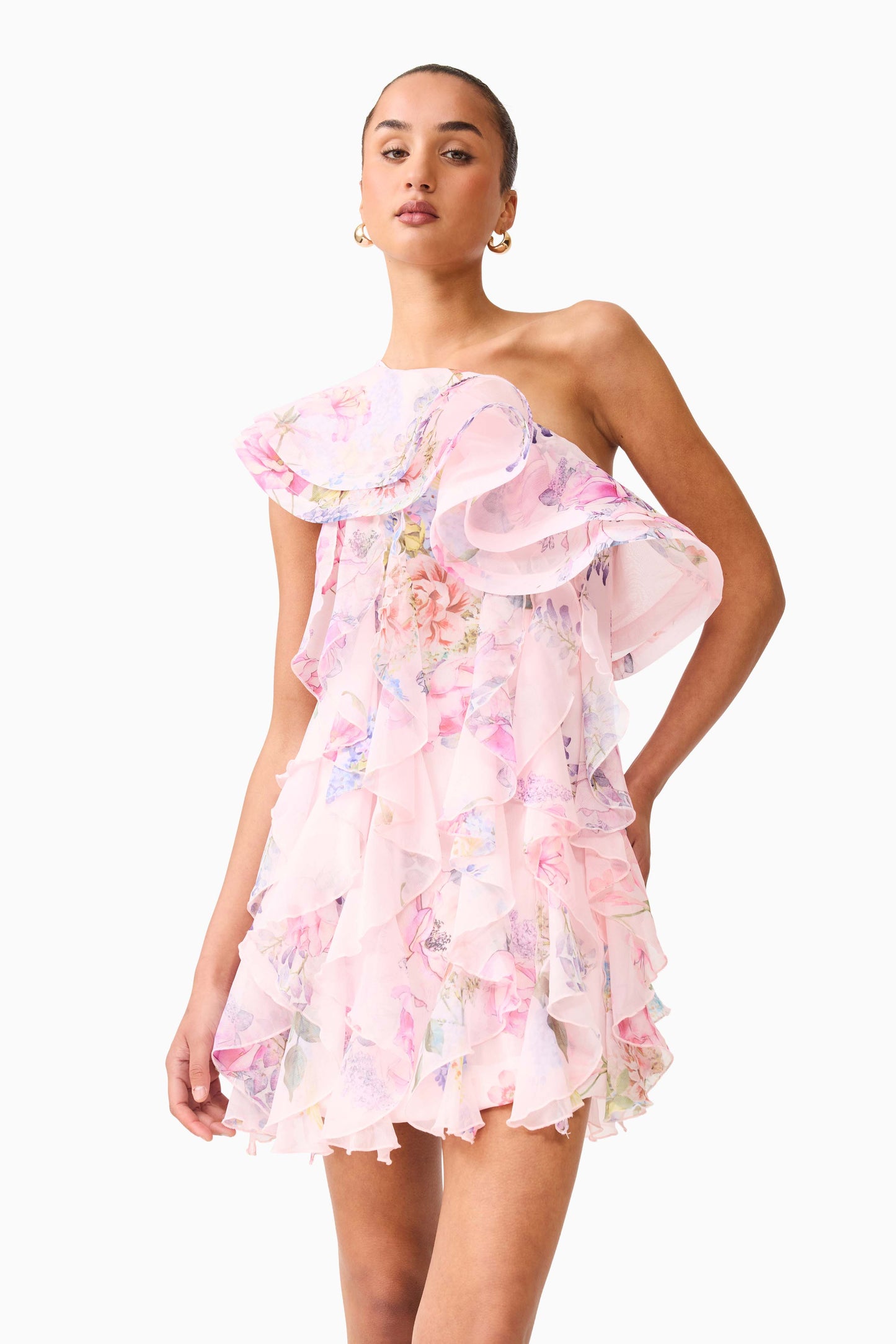 Elliatt Millie Ruffle Mini Dress in Pink Multi