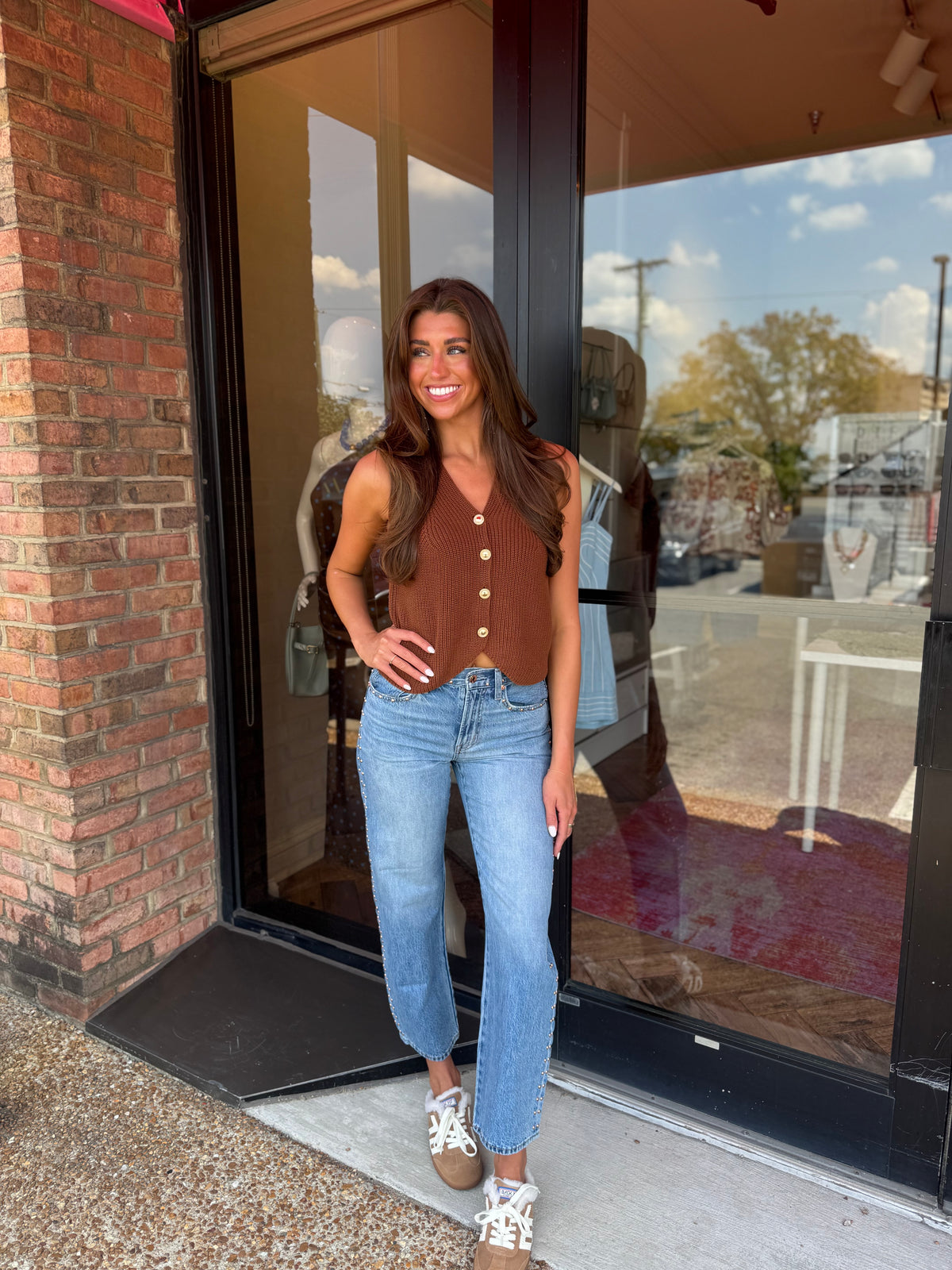 French Connection Mozart Vneck Rib Vest in Chestnut Brown