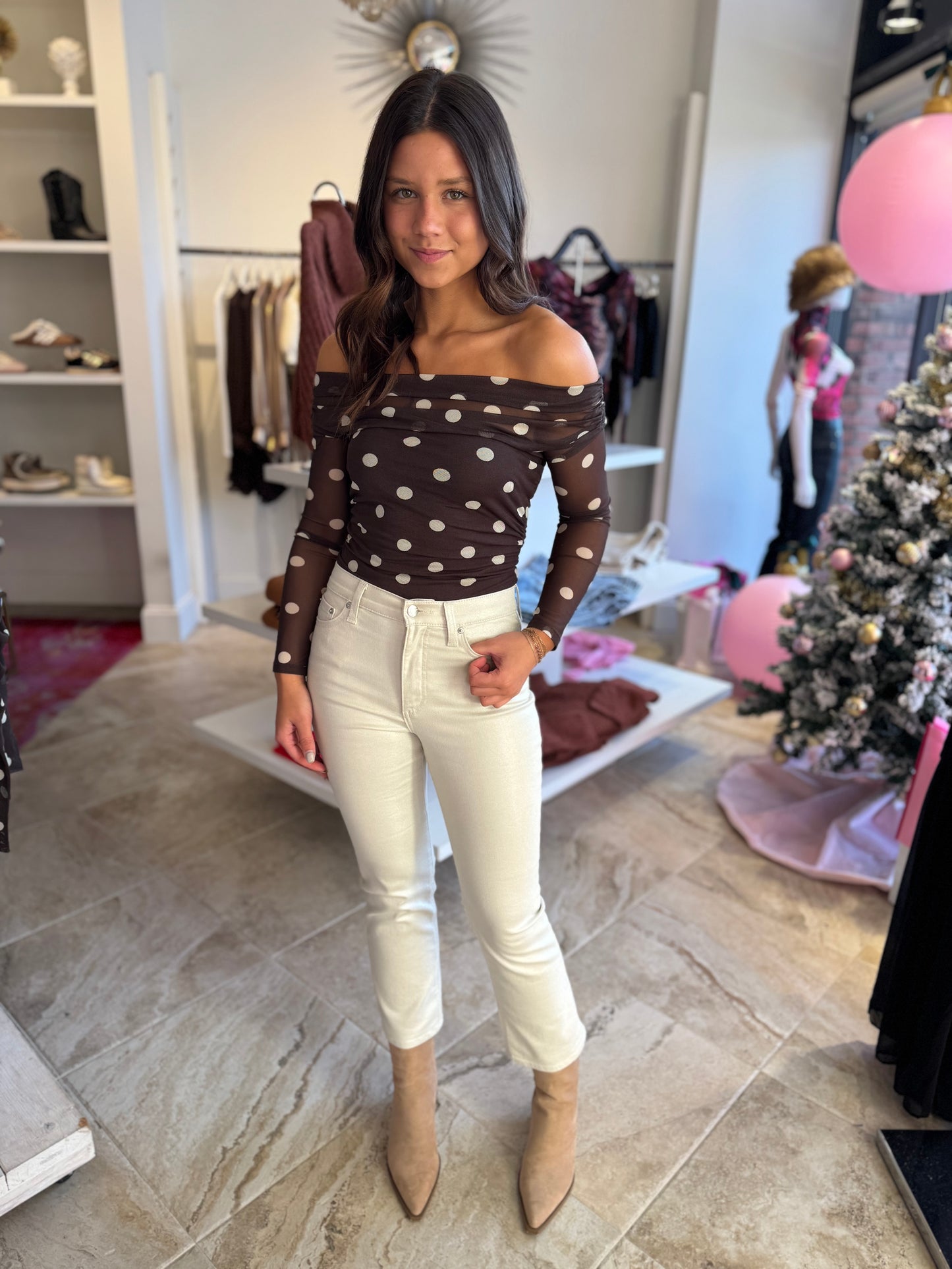 En Saison Lainey Mesh Bodysuit in Brown Ivory