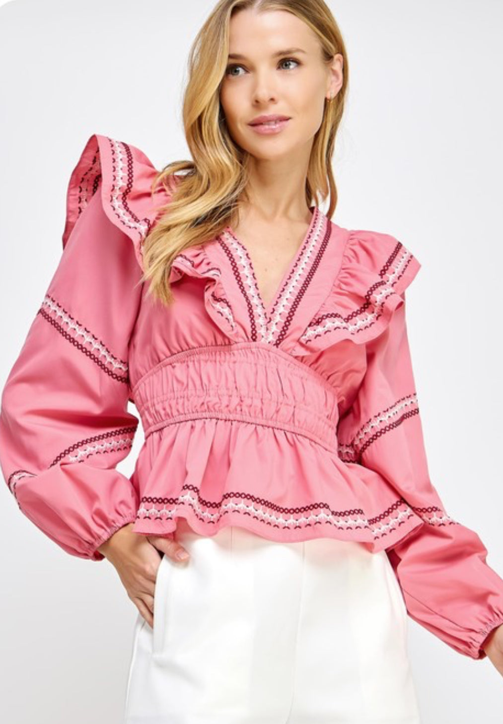 Camille Embrodiery Ruffled Long Sleeve Blouse