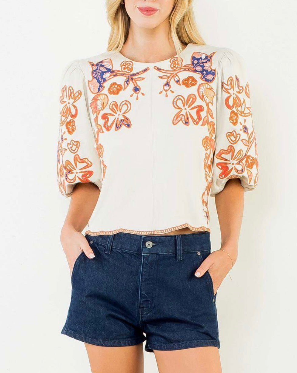 Carlie Embroidered Top in Cream