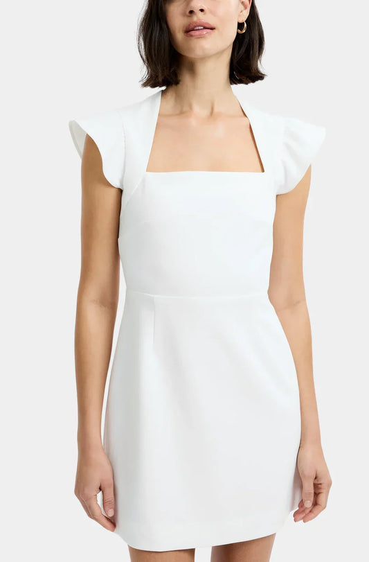 French Connection Whisper Square Neck Flutter Sleeve Dress in Summer White