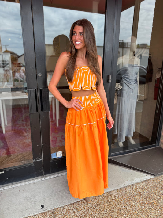 Posie Contrast Stitch Top & Skirt Set in Orange White