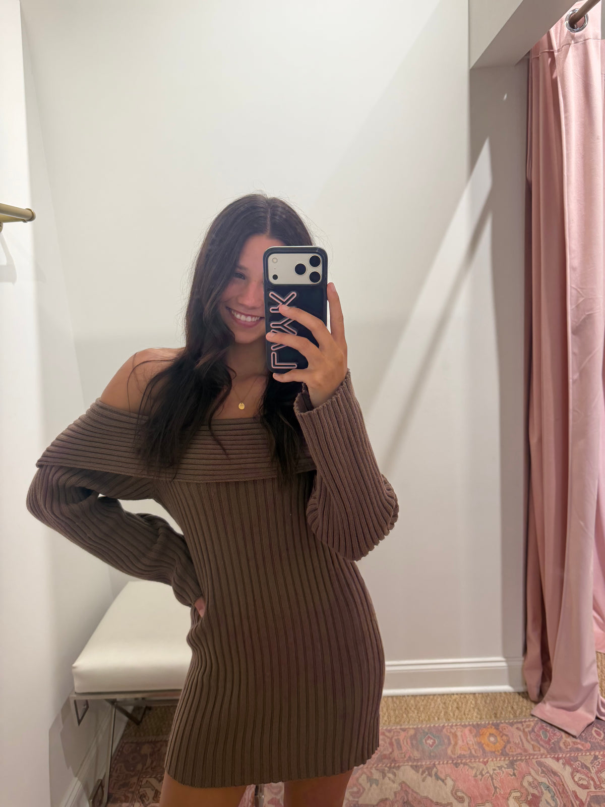 Tilly Off The Shoulder Sweater Dress in Brown