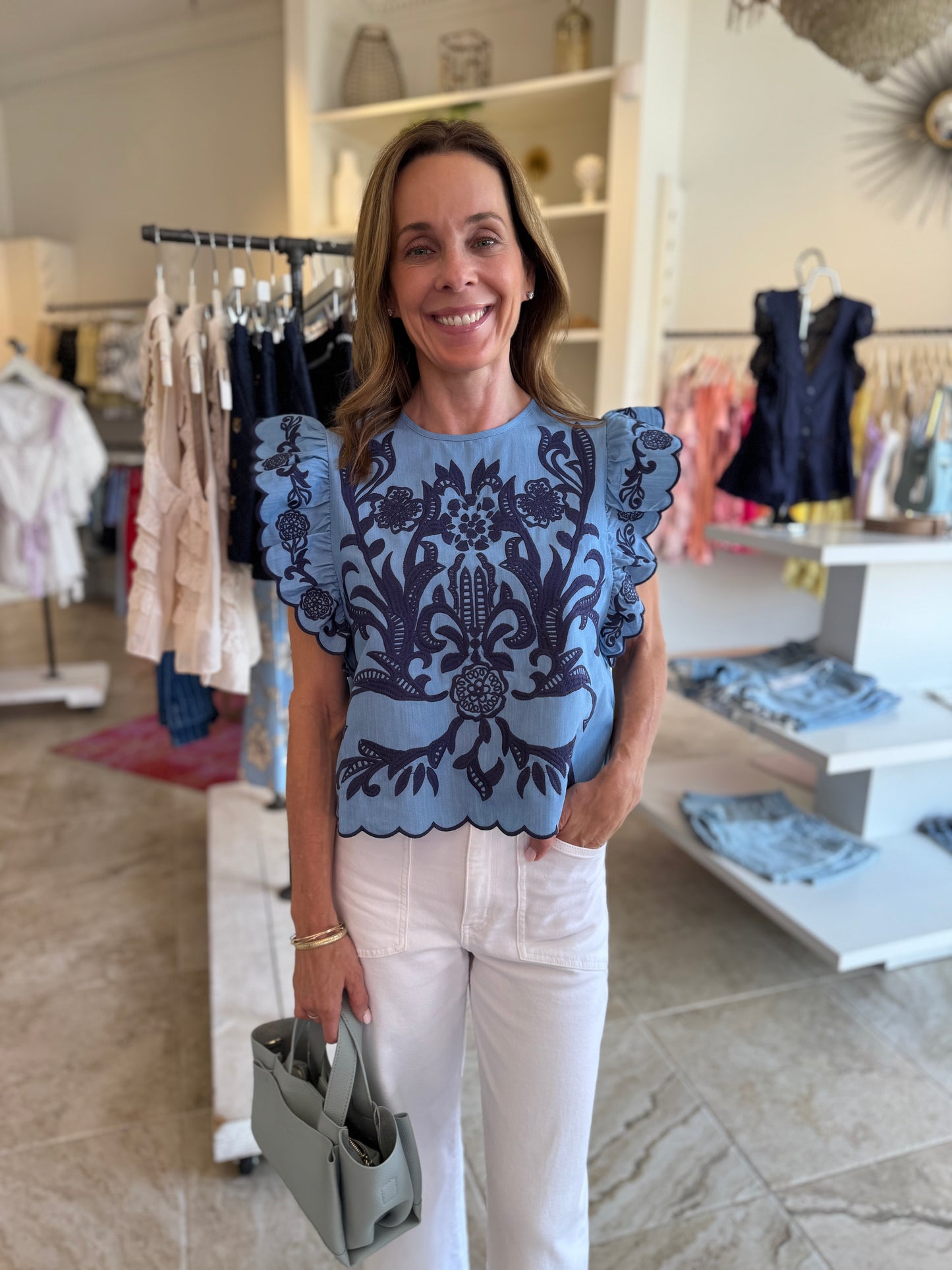 Jayme Ruffle Sleeve Embroidered Top in Blue