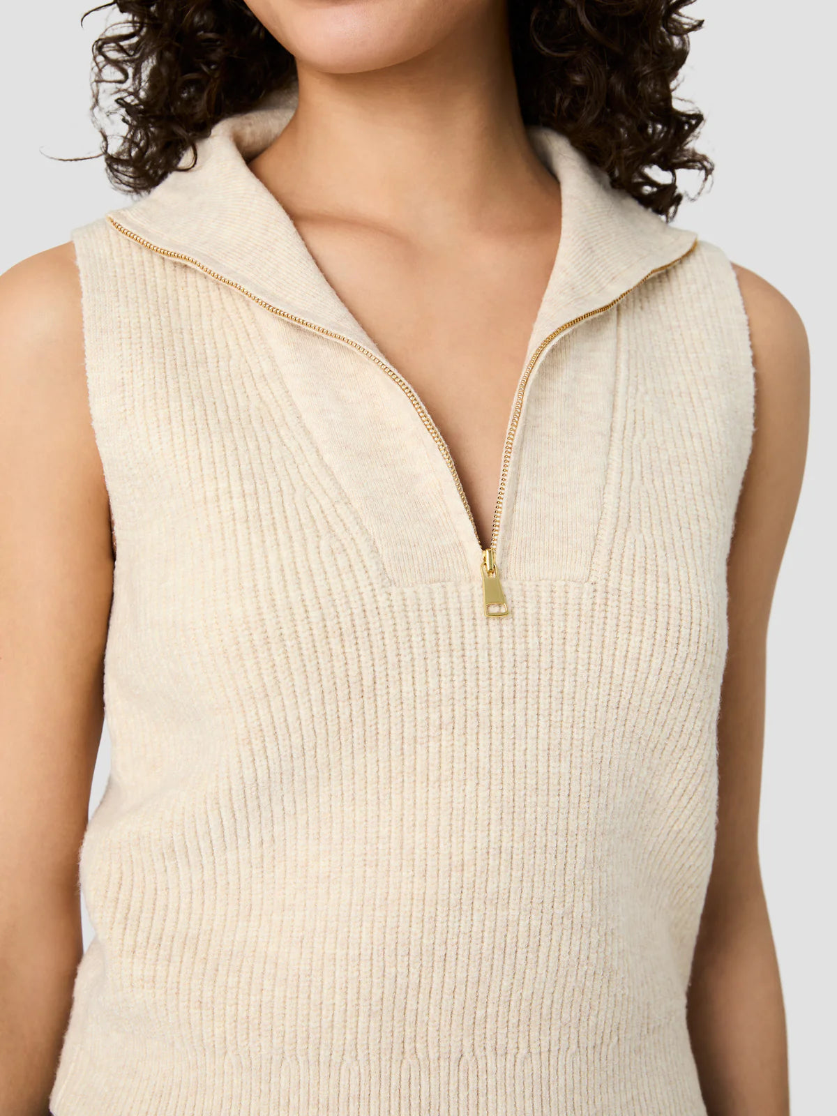 French Connection Marley Knit Half Zip Rib Vest in Oatmeal