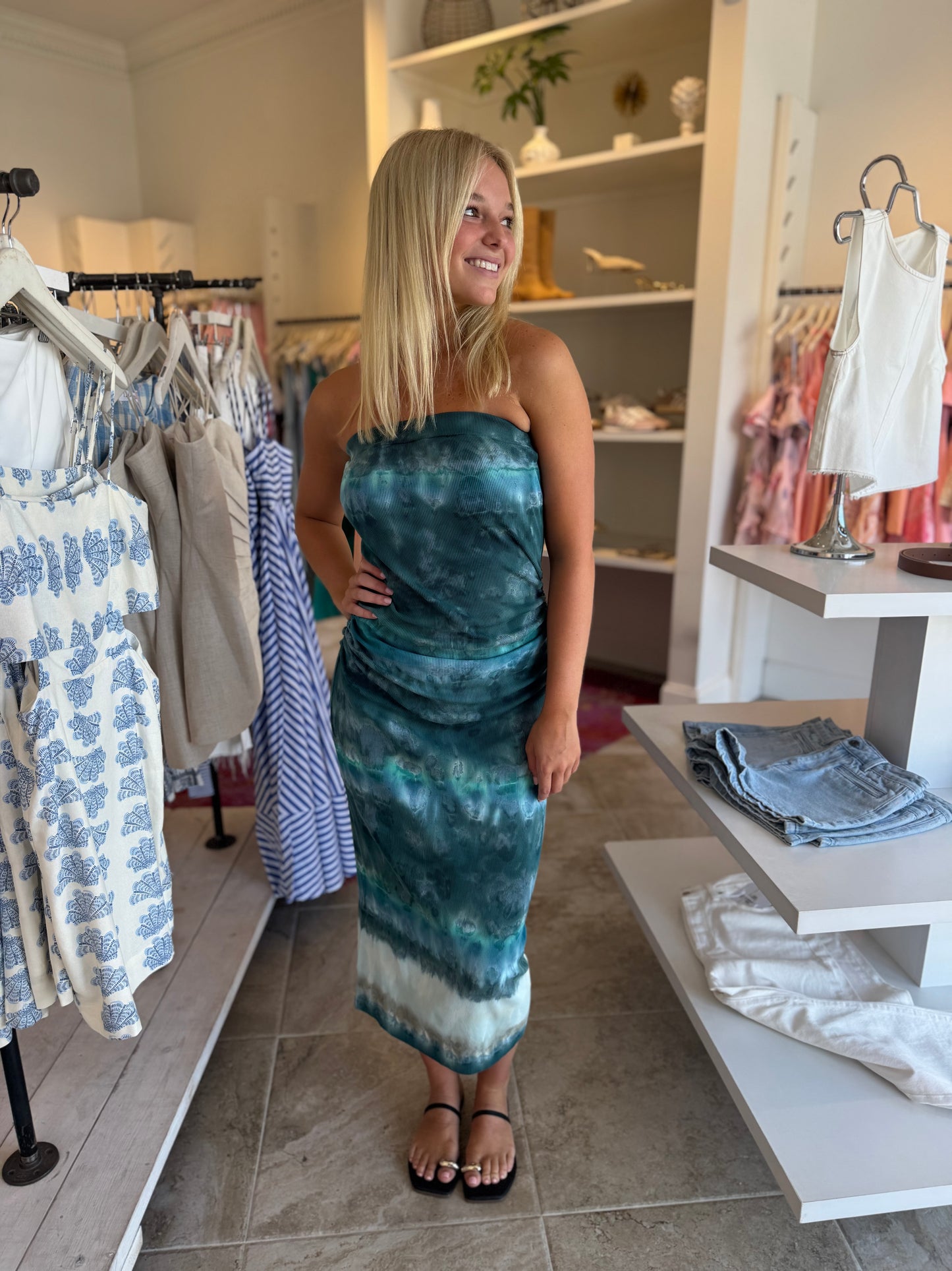 YFB Carla Strapless Midi Dress in Terra Turquoise Wash