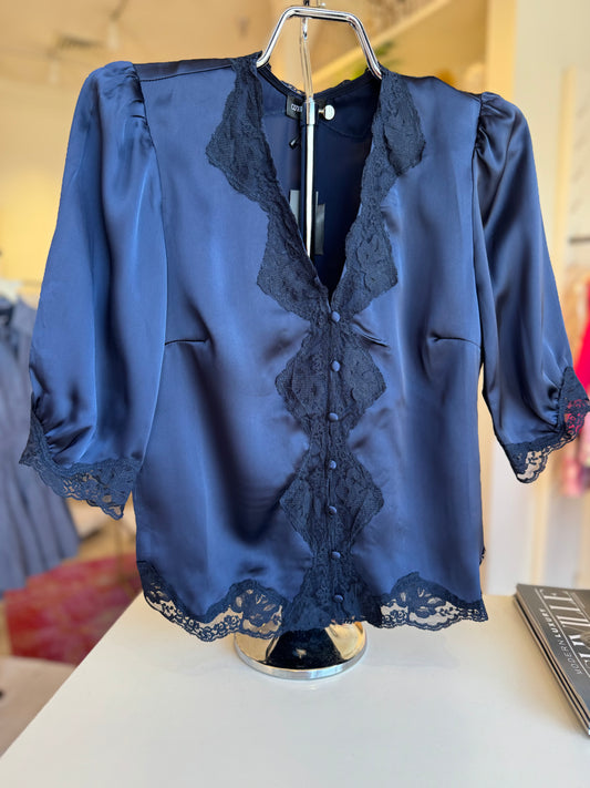 Maycee Satin Lace V Neck Blouse in Navy