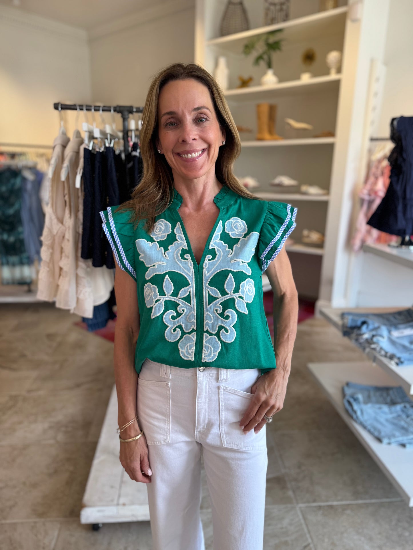 Glenda Embroidered Top in Green
