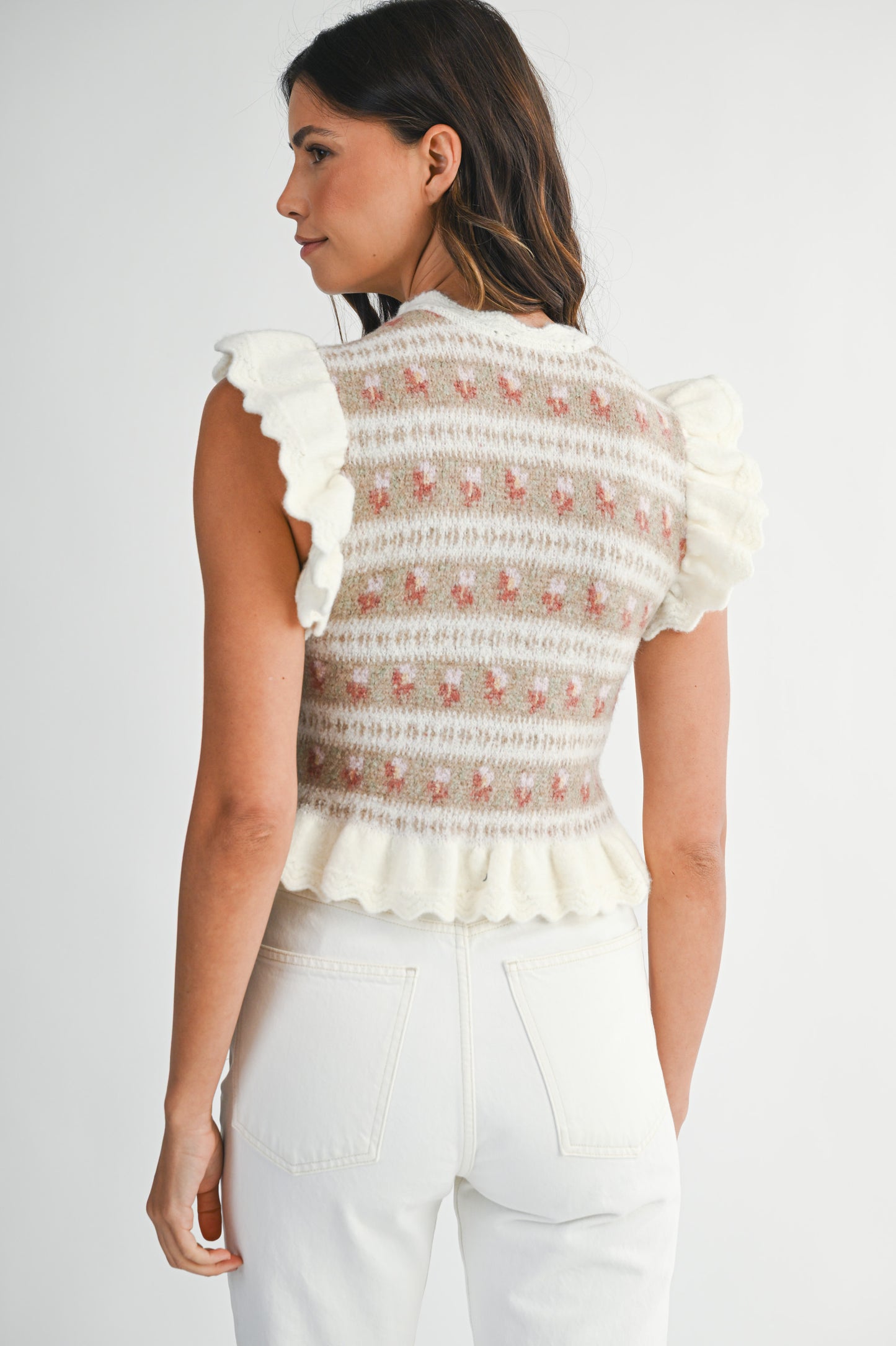 Poteet Jacquard Ruffle Knit Sweater in Cream