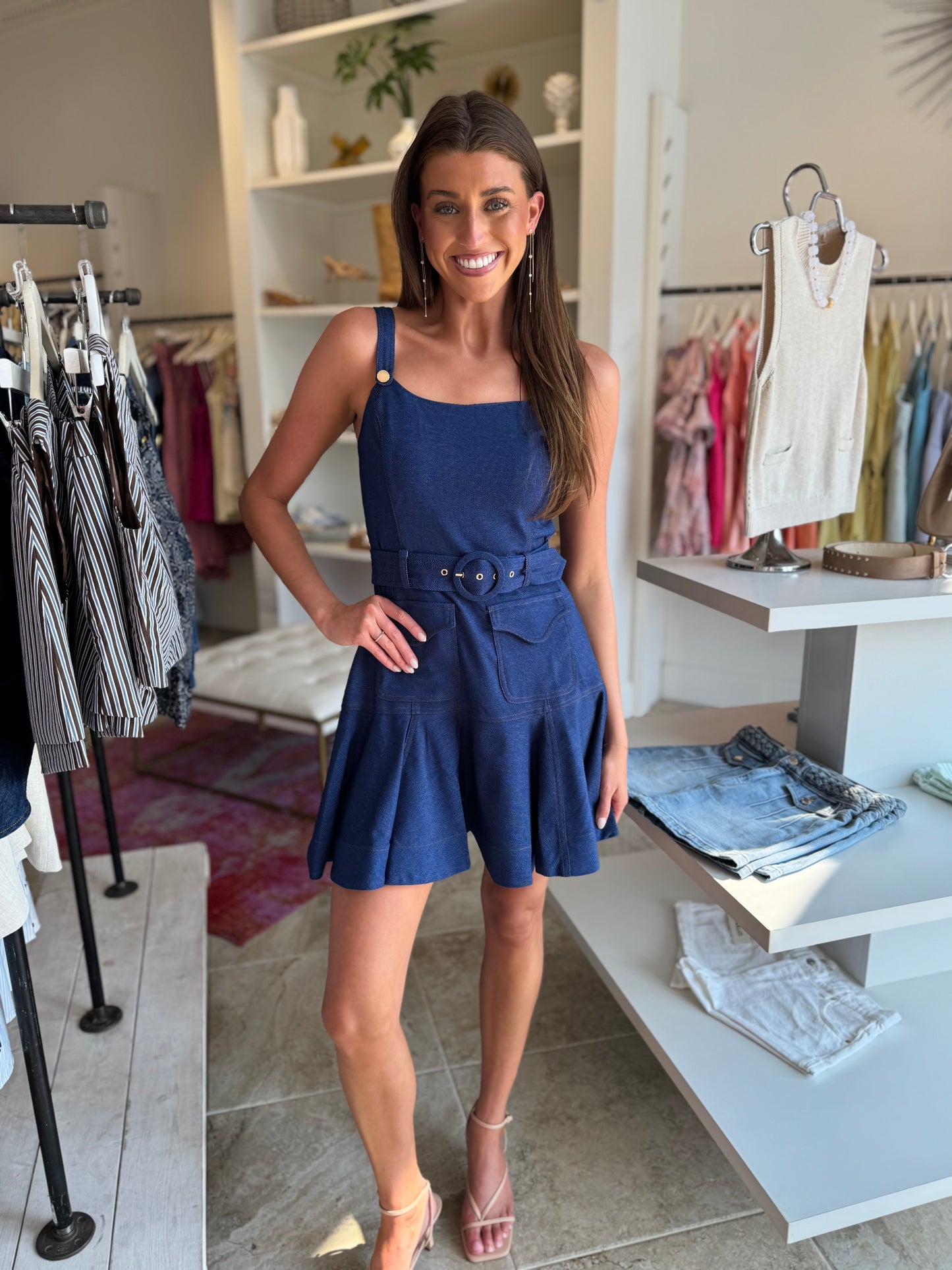 Ciebon Alivia Topstitched Belted Mini Dress in Blue