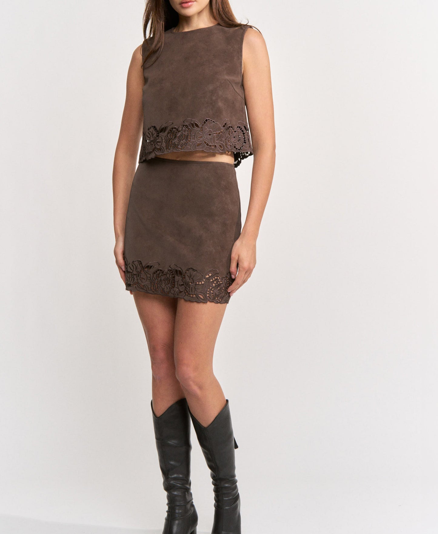 En Saison Pauline Crop Top & Mini Skirt Set in Dark Brown