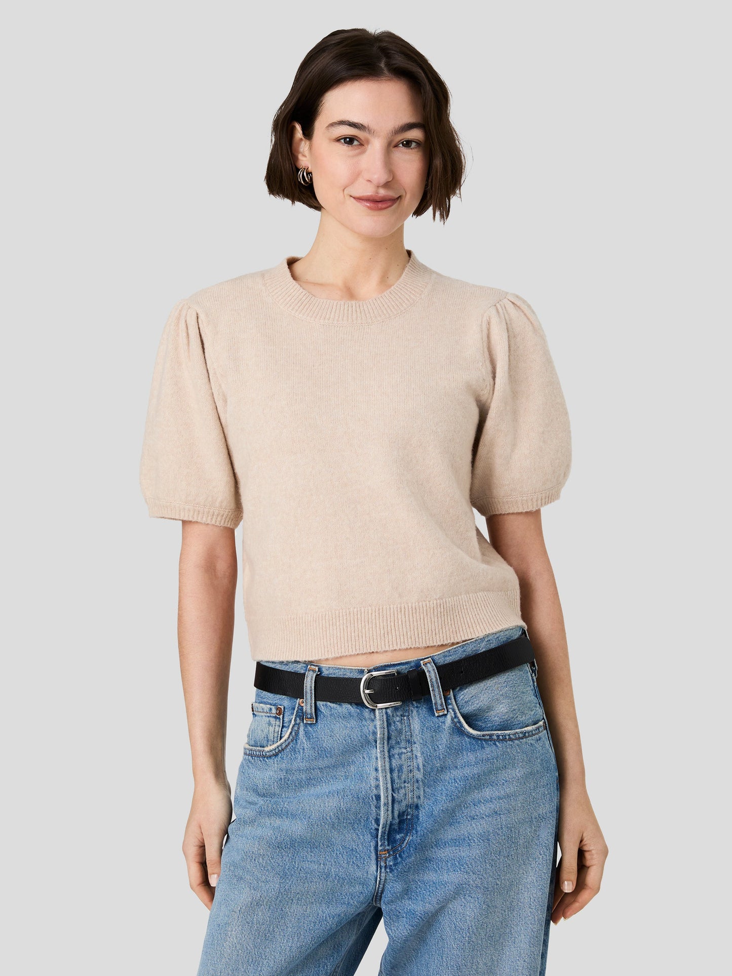 French Connection Yulia Knit Puff Sleeve Top in Oatmeal