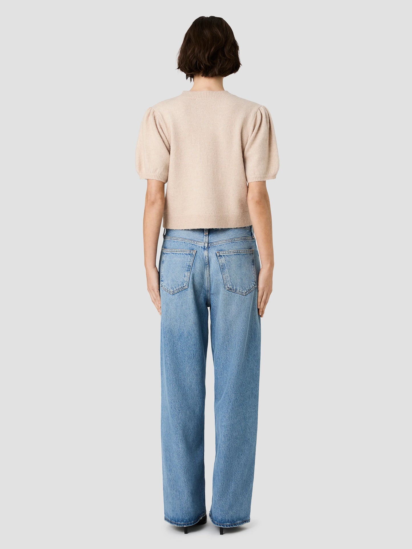 French Connection Yulia Knit Puff Sleeve Top in Oatmeal