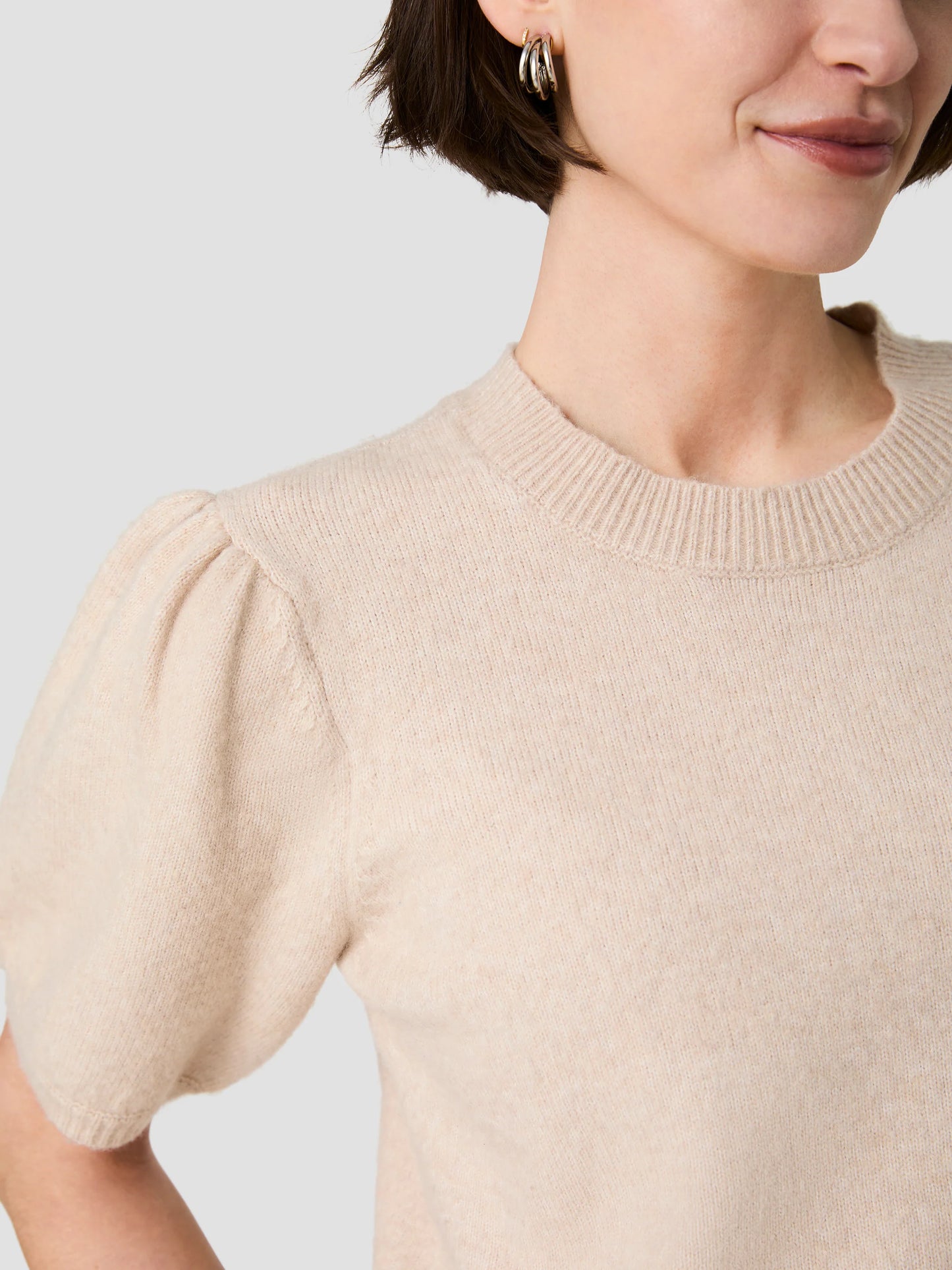 French Connection Yulia Knit Puff Sleeve Top in Oatmeal