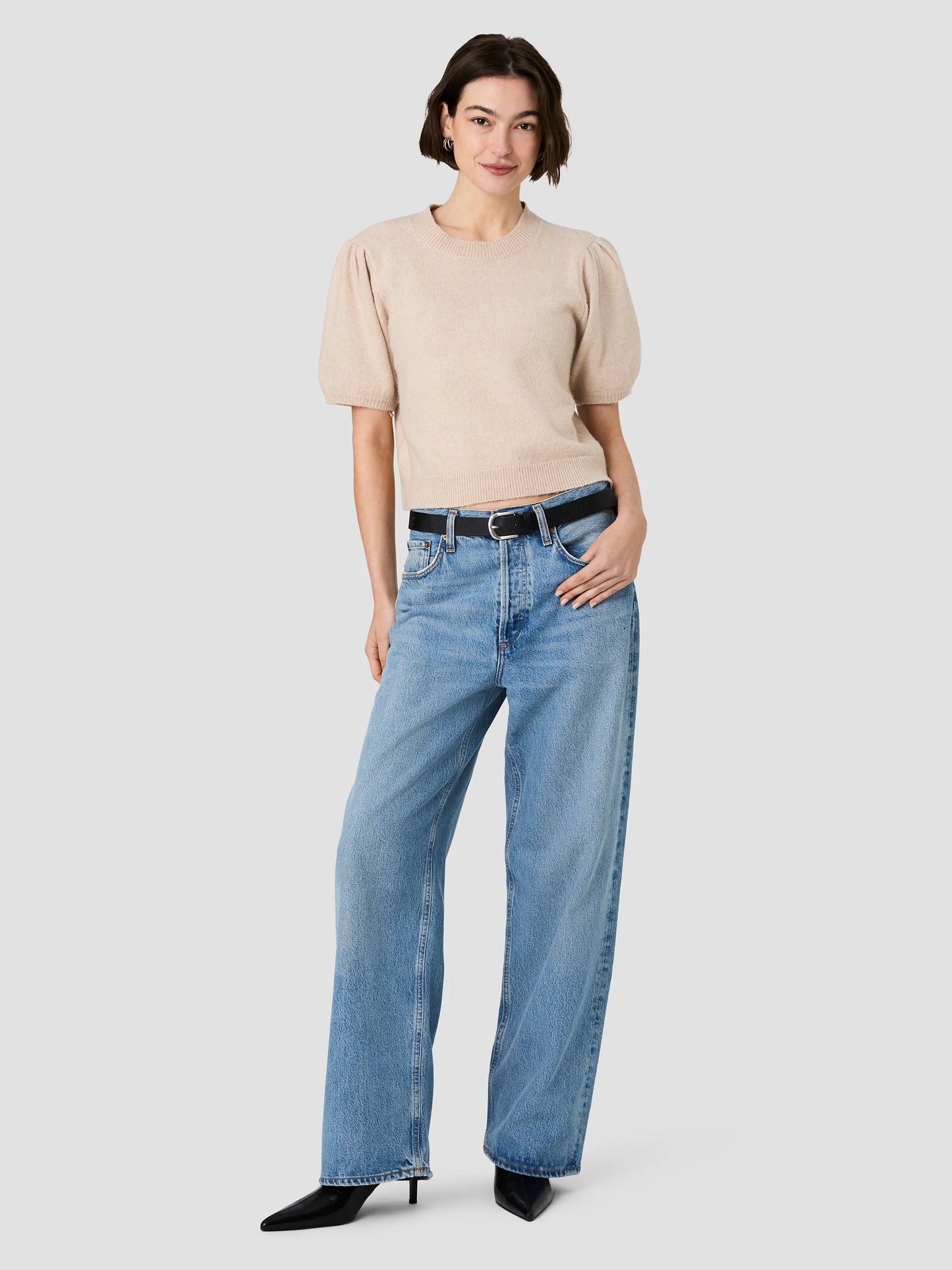 French Connection Yulia Knit Puff Sleeve Top in Oatmeal