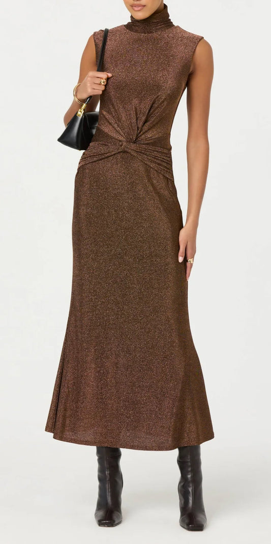 ASTR Riana Twist Front Dress in Brown Metallic