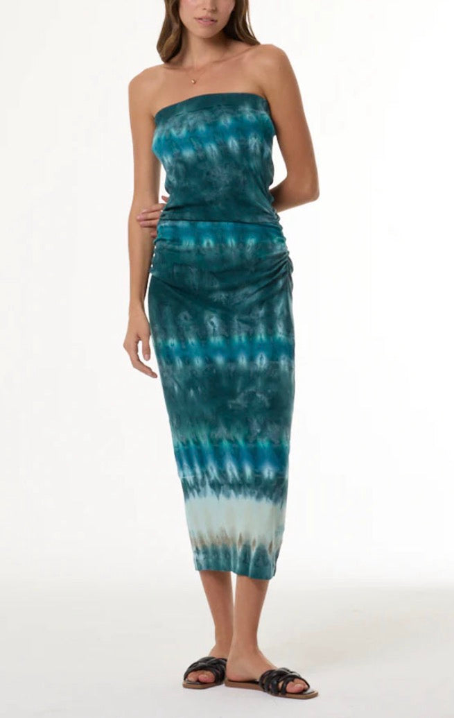 YFB Carla Strapless Midi Dress in Terra Turquoise Wash