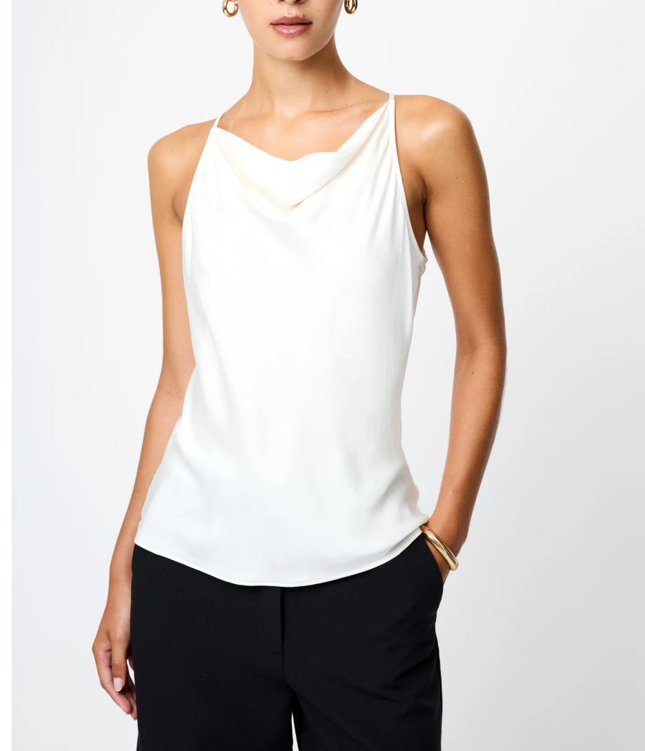 French Connection Ennis Satin Cowl Neck Top in Porcelain Cream